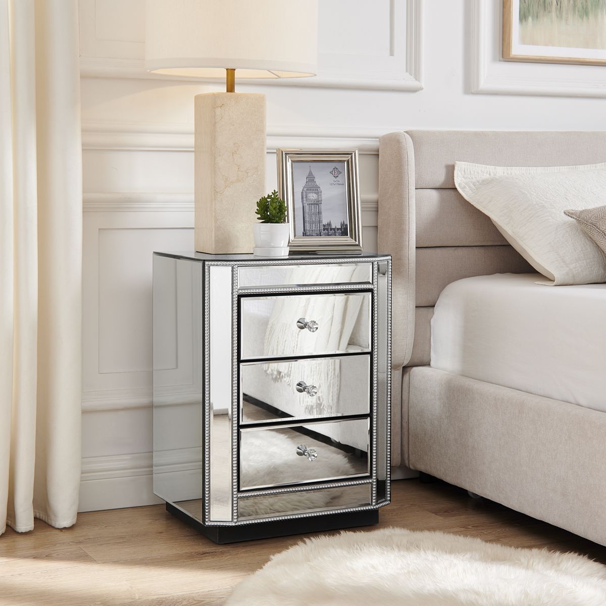Mirrored Nightstand with Beaded Trim — view 2