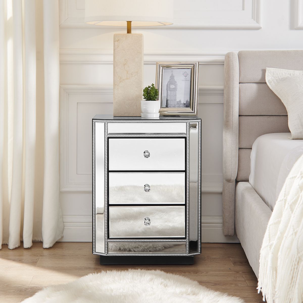Mirrored Nightstand with Beaded Trim — view 3