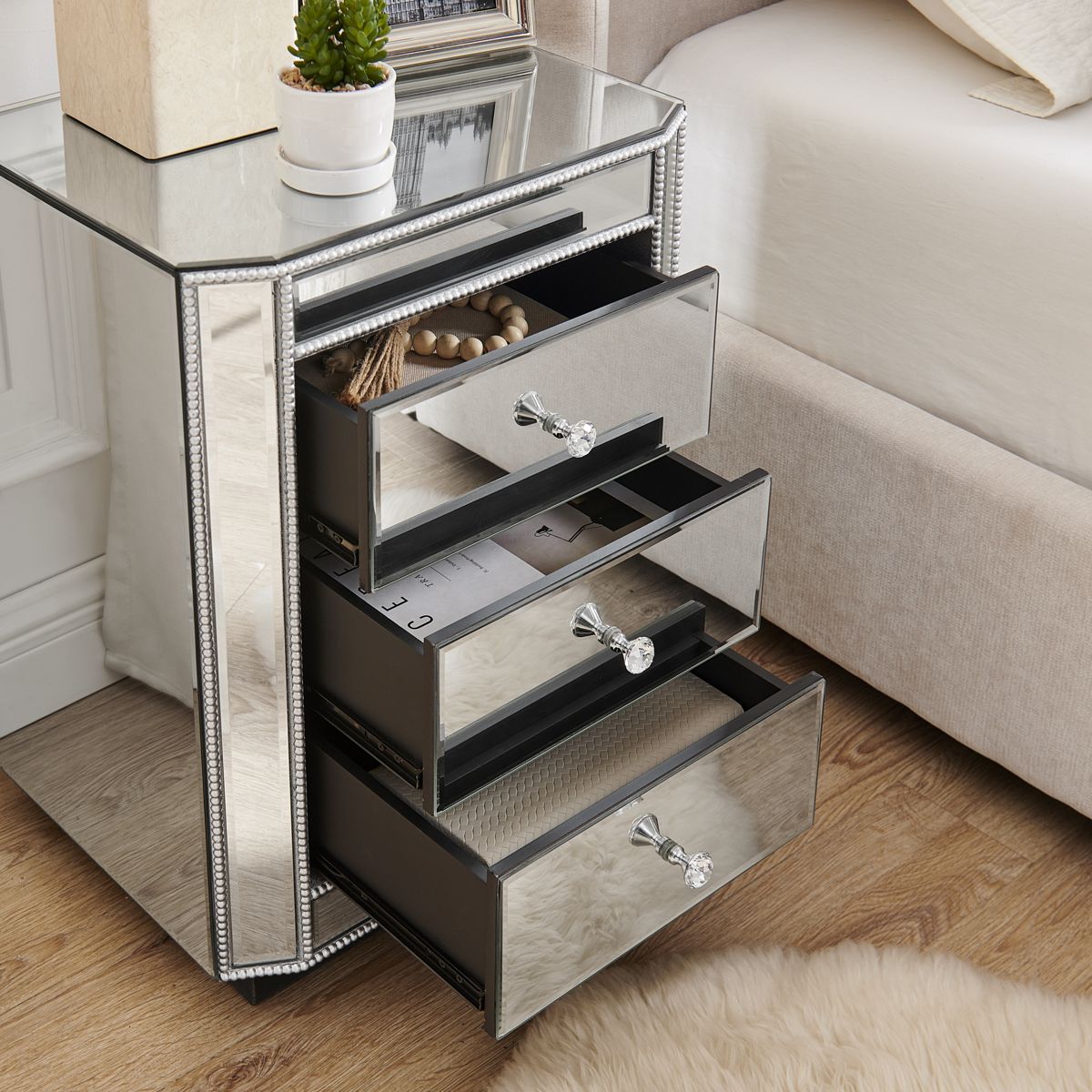 Mirrored Nightstand with Beaded Trim — view 4
