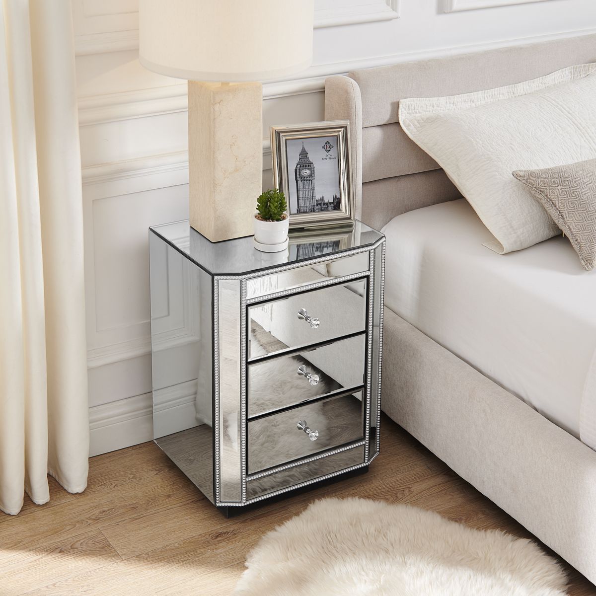 Mirrored Nightstand with Beaded Trim