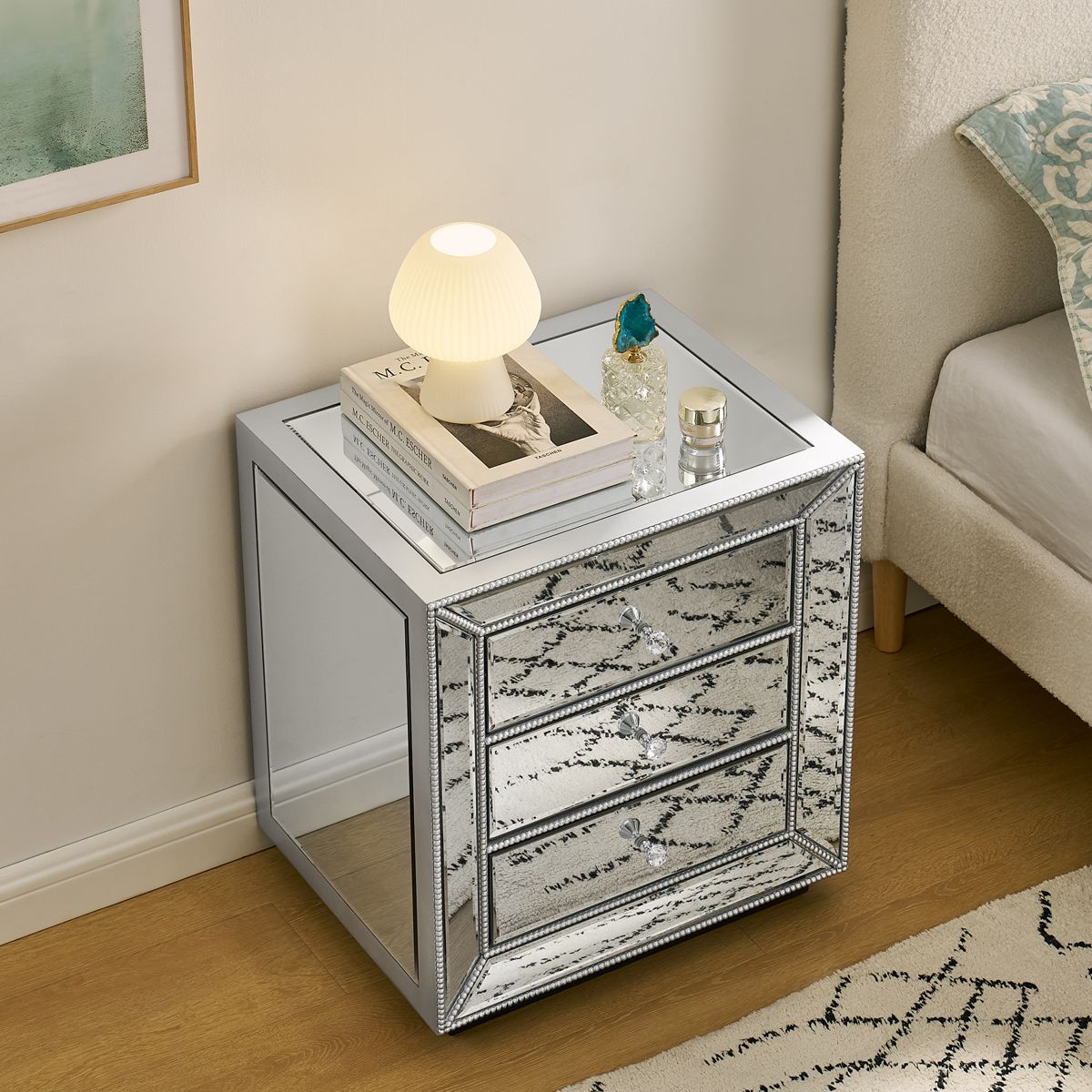 Three-Drawer Cabinet with Beaded Mirror Finish