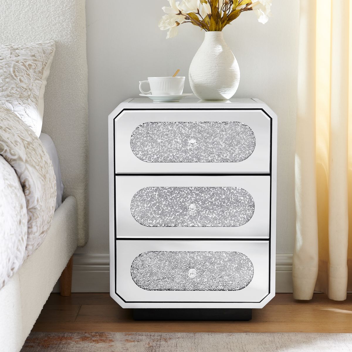 Silver Three-Drawer Mirrored Nightstand — view 2
