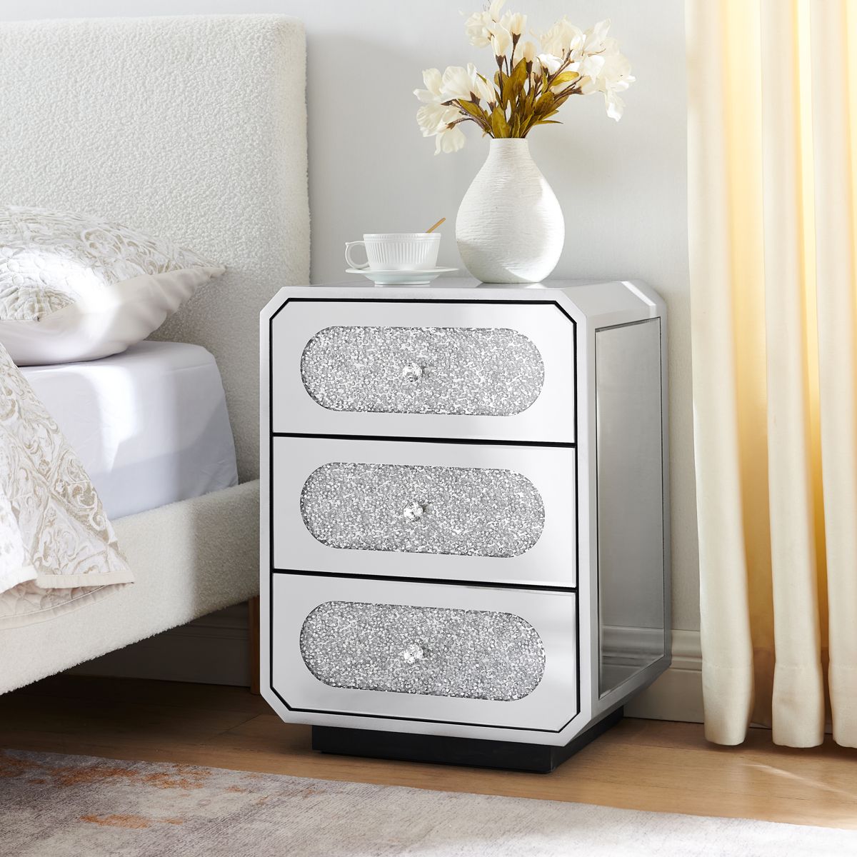 Silver Three-Drawer Mirrored Nightstand — view 3