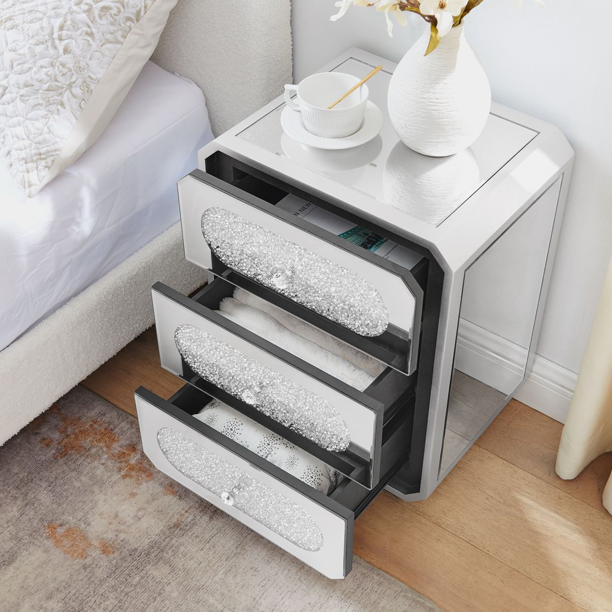 Silver Three-Drawer Mirrored Nightstand — view 4