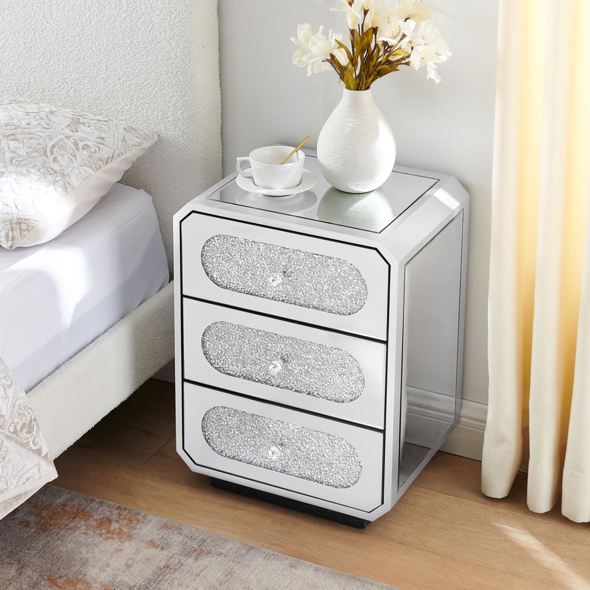Silver Three-Drawer Mirrored Nightstand