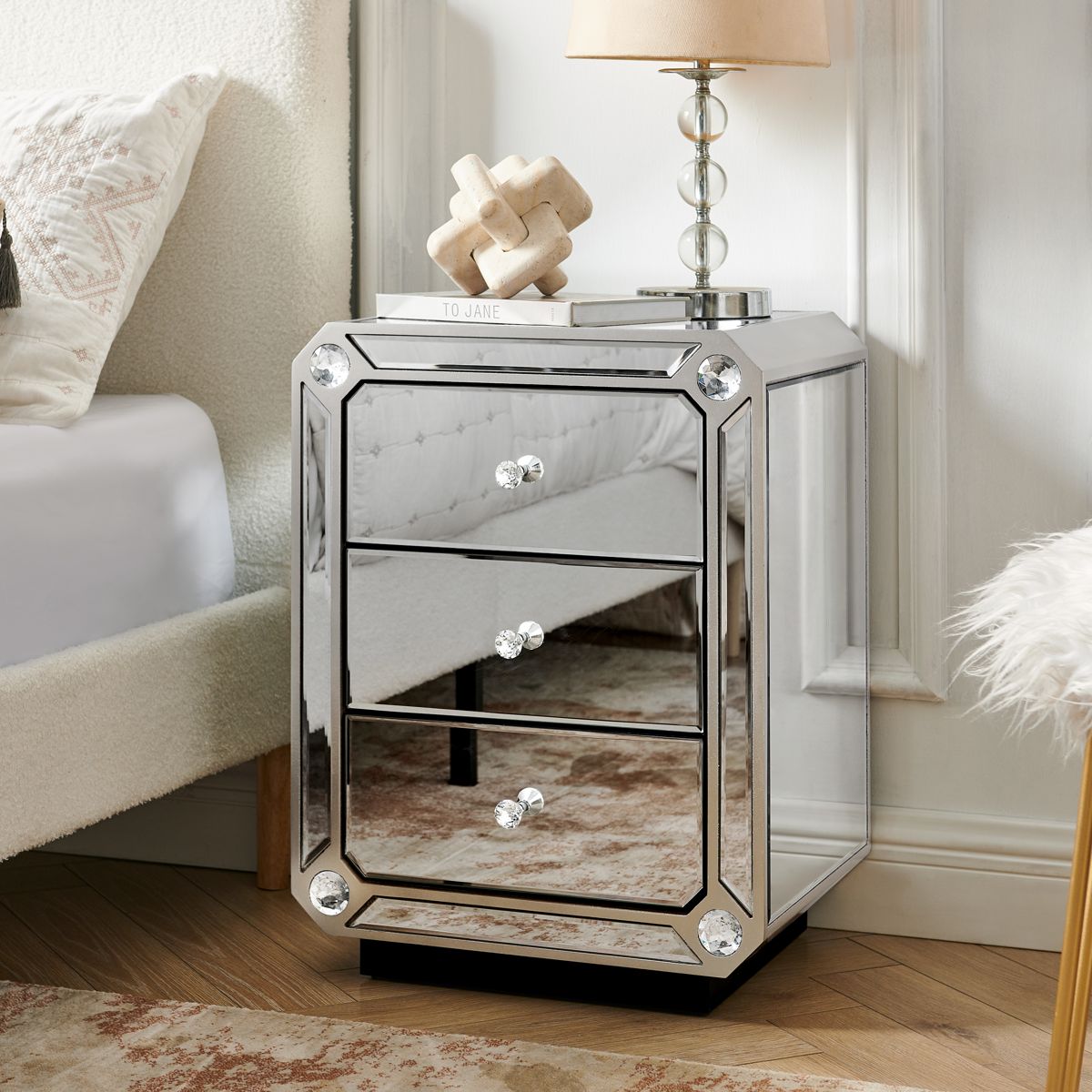 Champagne Gold Three-Drawer Mirrored Nightstand