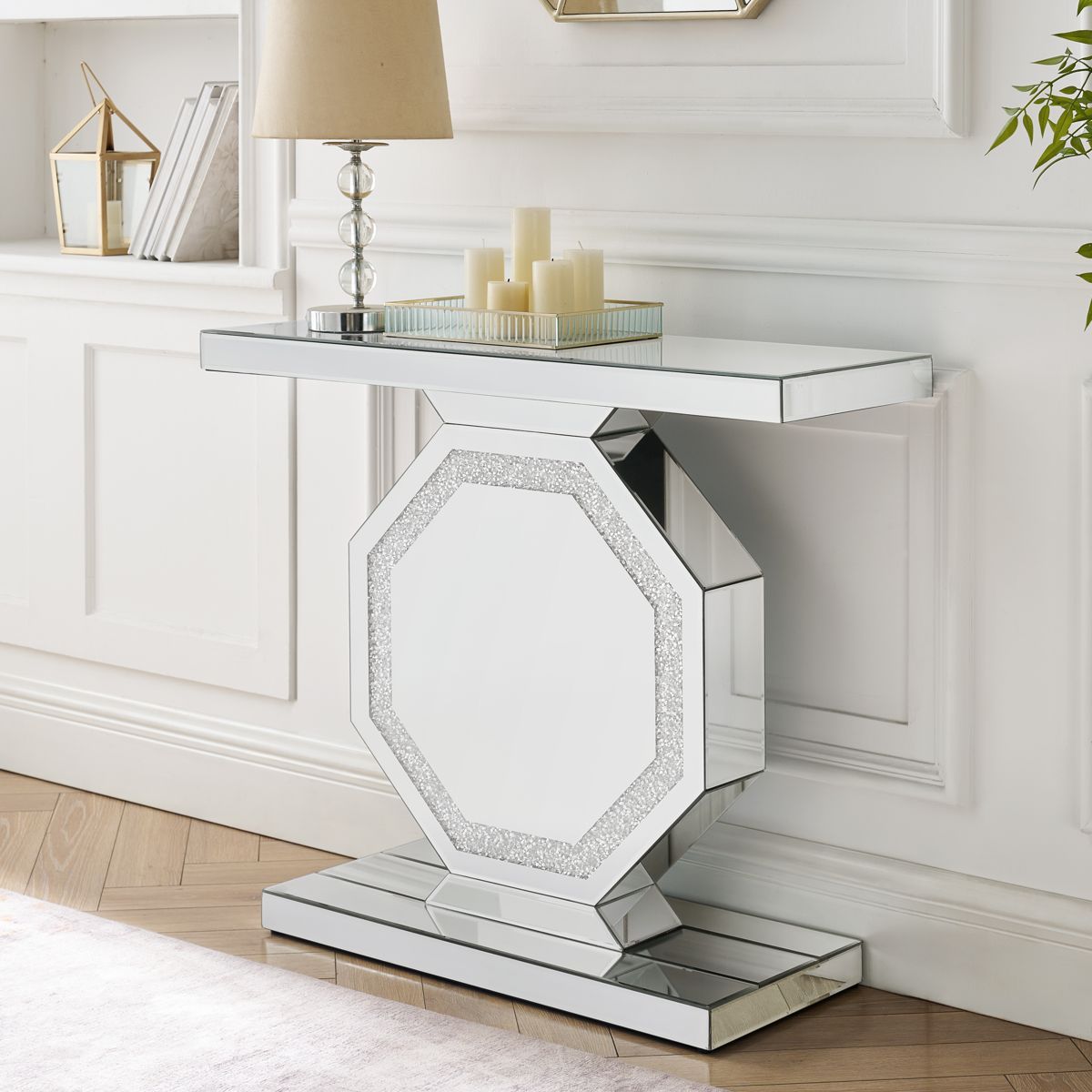 Mirrored Console Table with Octagonal Base