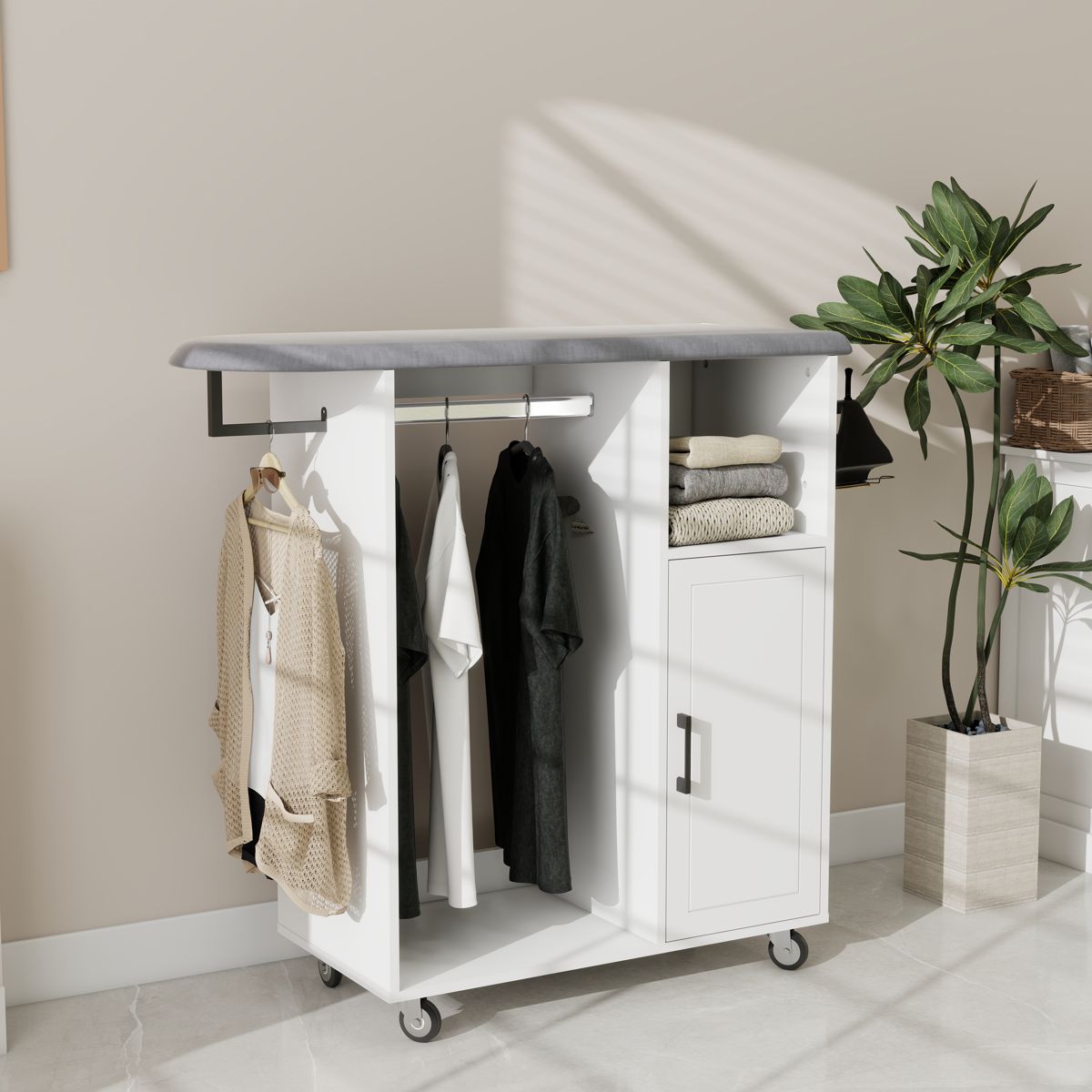 Rolling Ironing Board Cabinet with Shelves