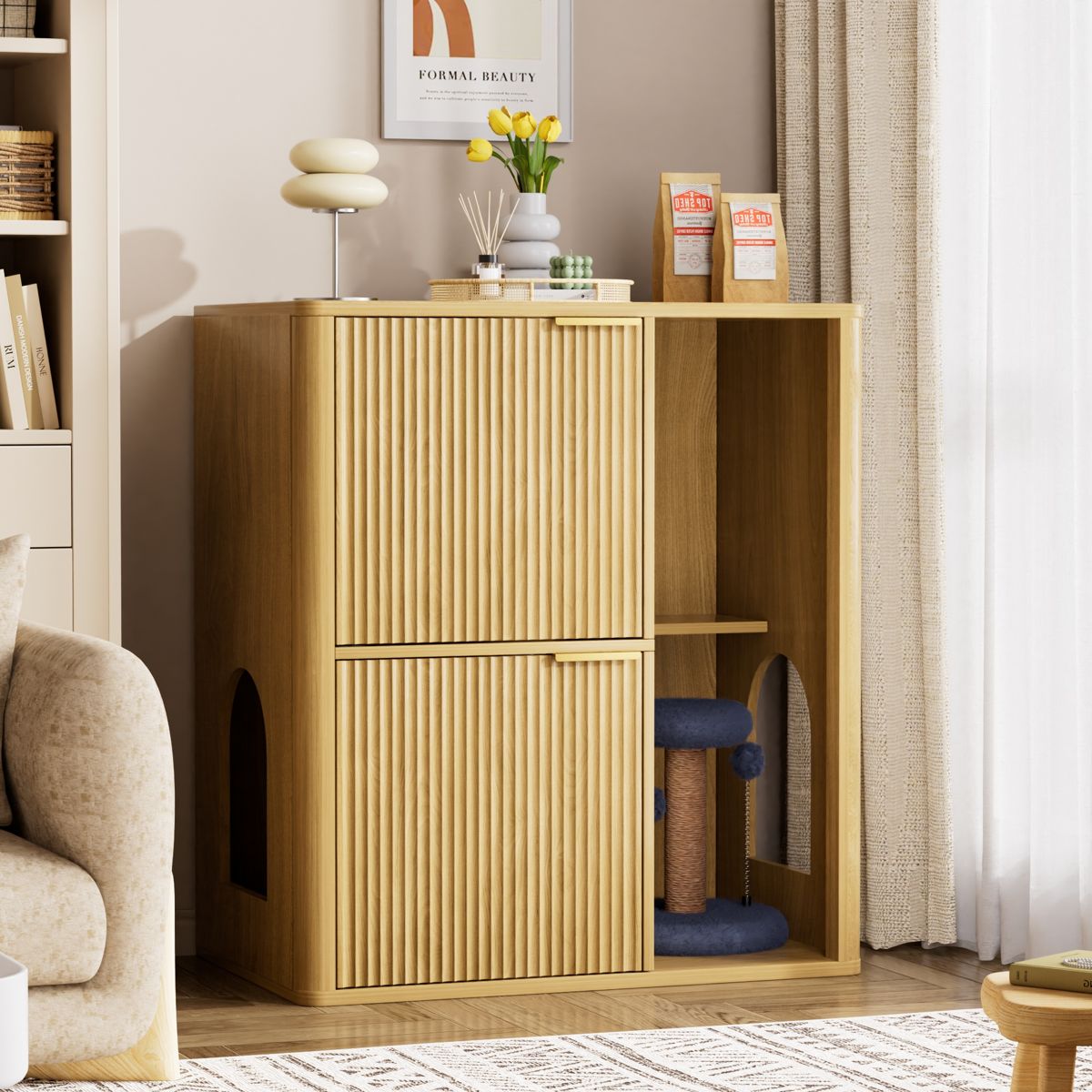 31.5-Inch Grooved Litter Cabinet with Cat Tree