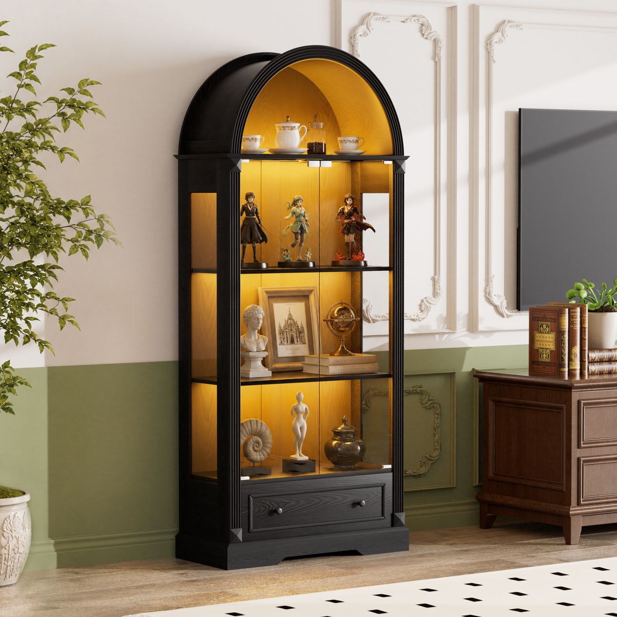 Arched Glass Display Cabinet with LED Lights