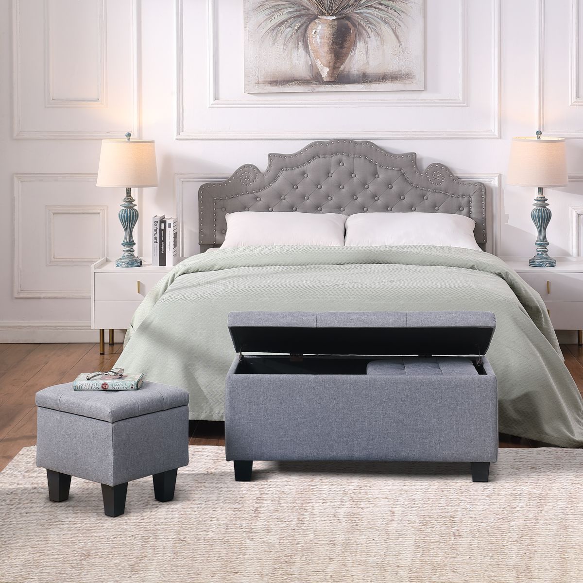 Tufted Linen Storage Ottoman Bench, 3-in-1 Set — view 2