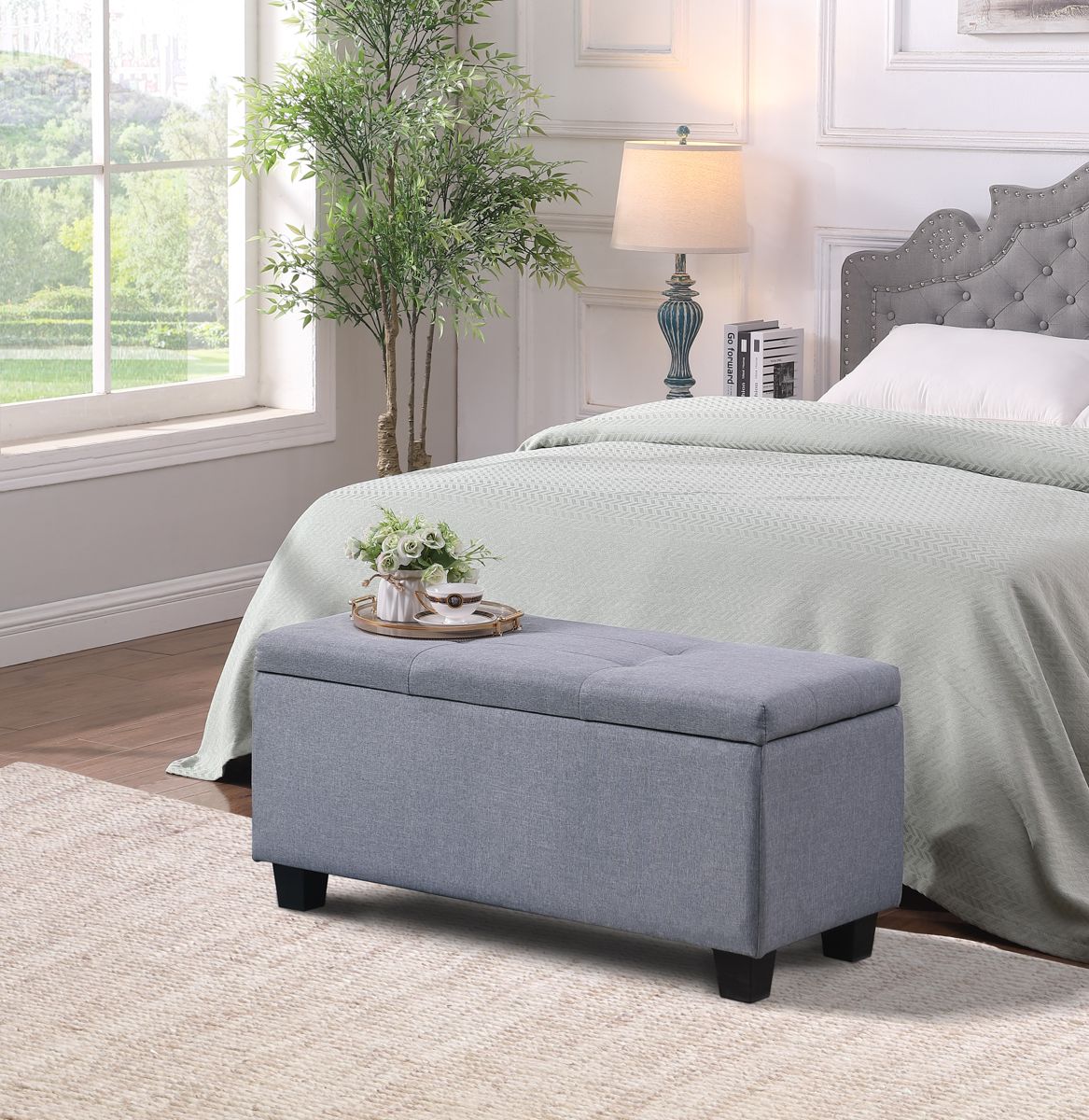 Tufted Linen Storage Ottoman Bench, 3-in-1 Set — view 3