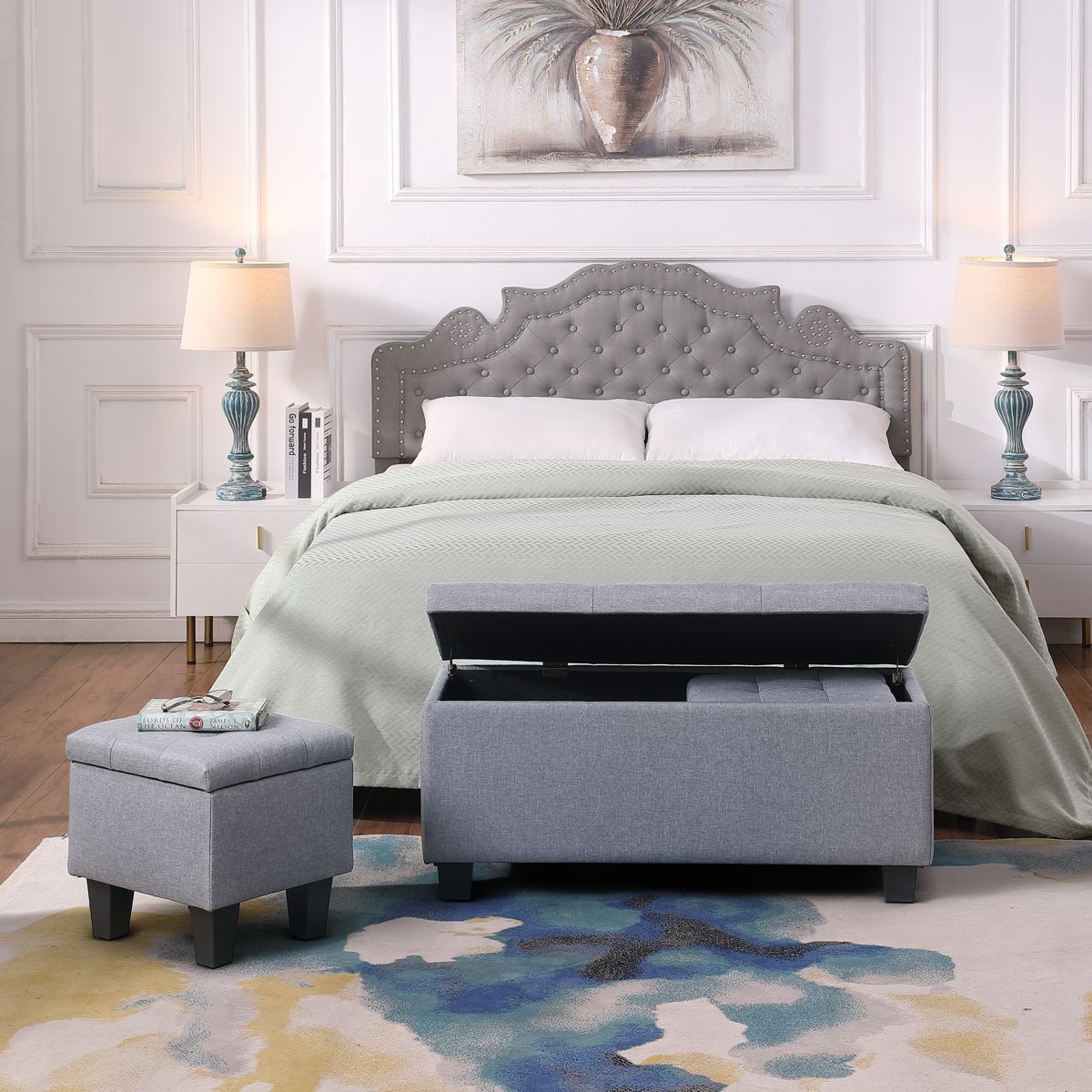 Tufted Linen Storage Ottoman Bench, 3-in-1 Set — view 4