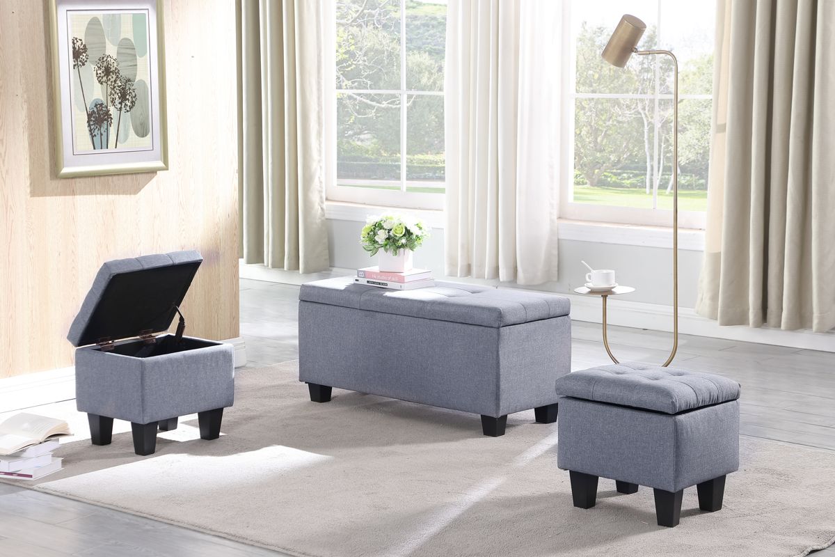Tufted Linen Storage Ottoman Bench, 3-in-1 Set