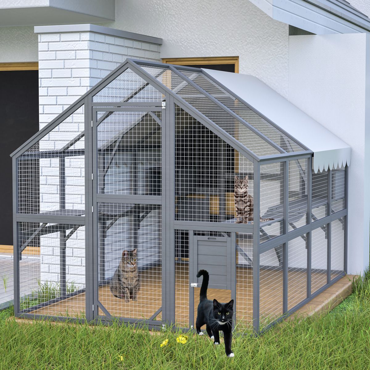 110-Inch Wooden Catio with Ramp and Pod Bed