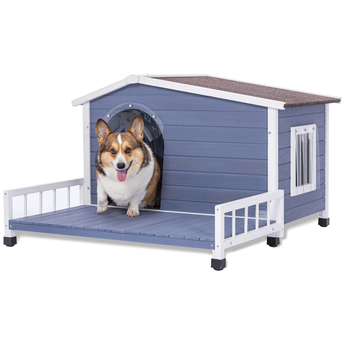Wooden Dog House with Terrace and Asphalt Roof