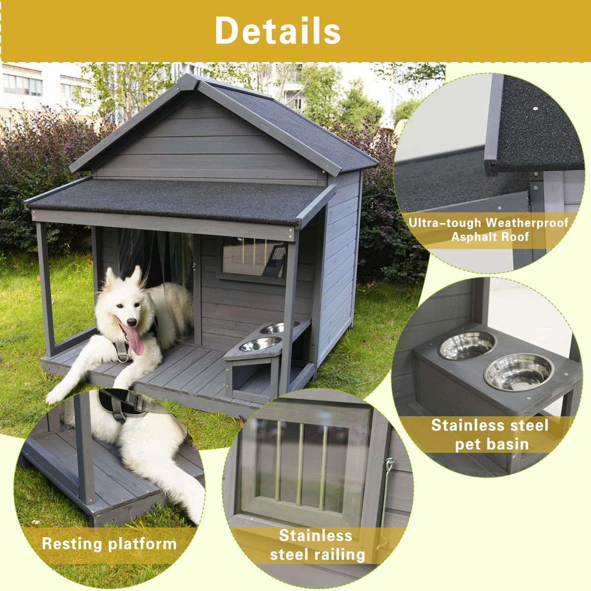 Solid Wood Terrace Dog House with Feeding Bowl — view 2