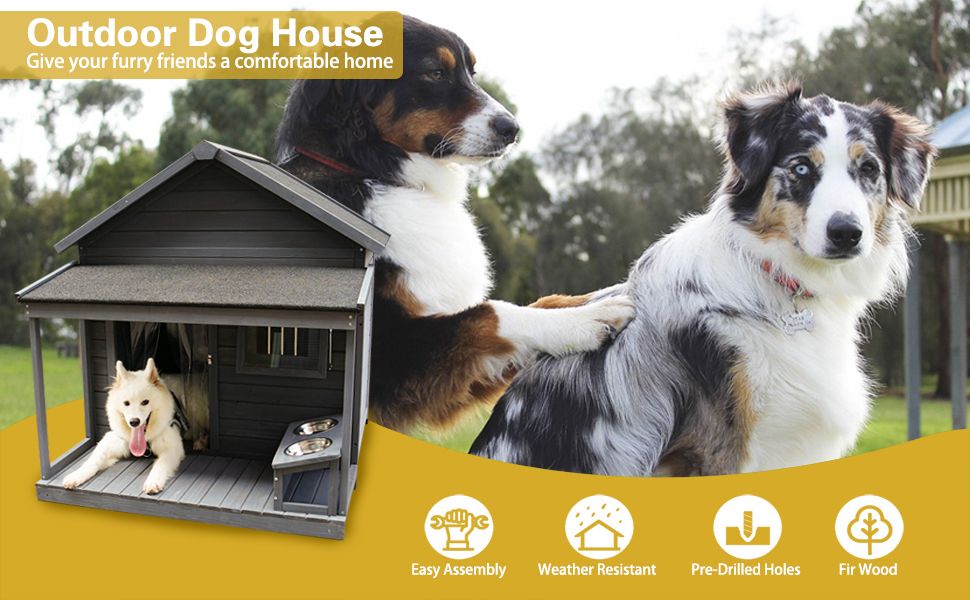 Solid Wood Terrace Dog House with Feeding Bowl — view 3