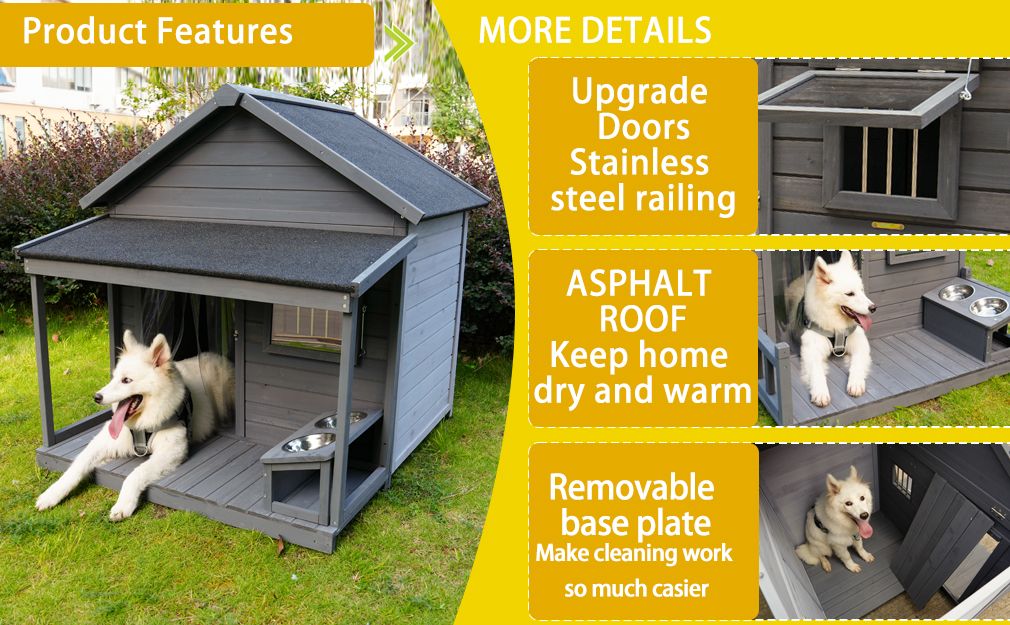 Solid Wood Terrace Dog House with Feeding Bowl — view 4