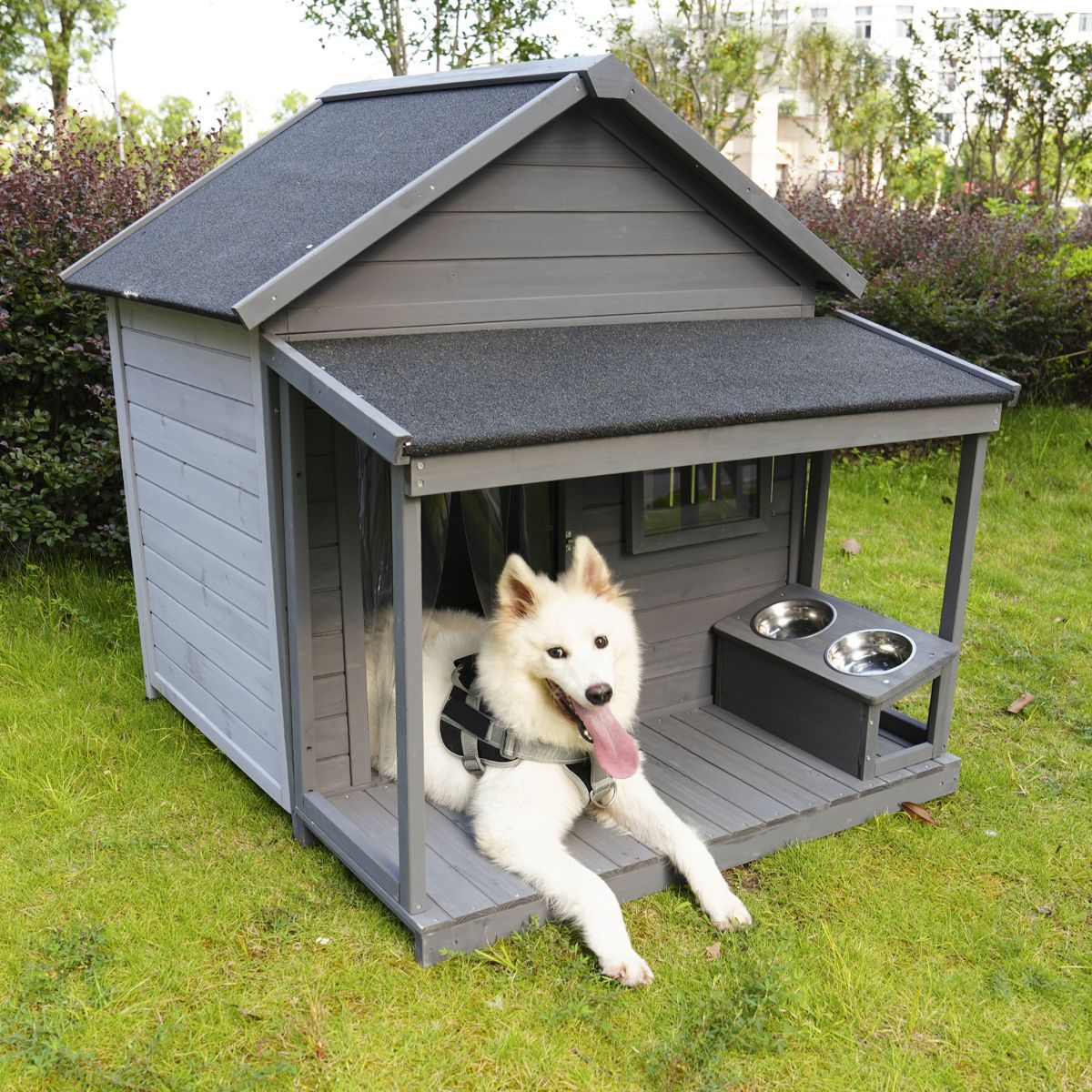 Solid Wood Terrace Dog House with Feeding Bowl