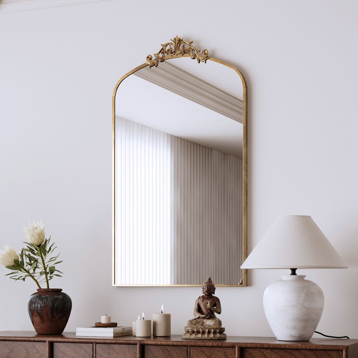Baroque Arched Metal Mirror with Garland Crest