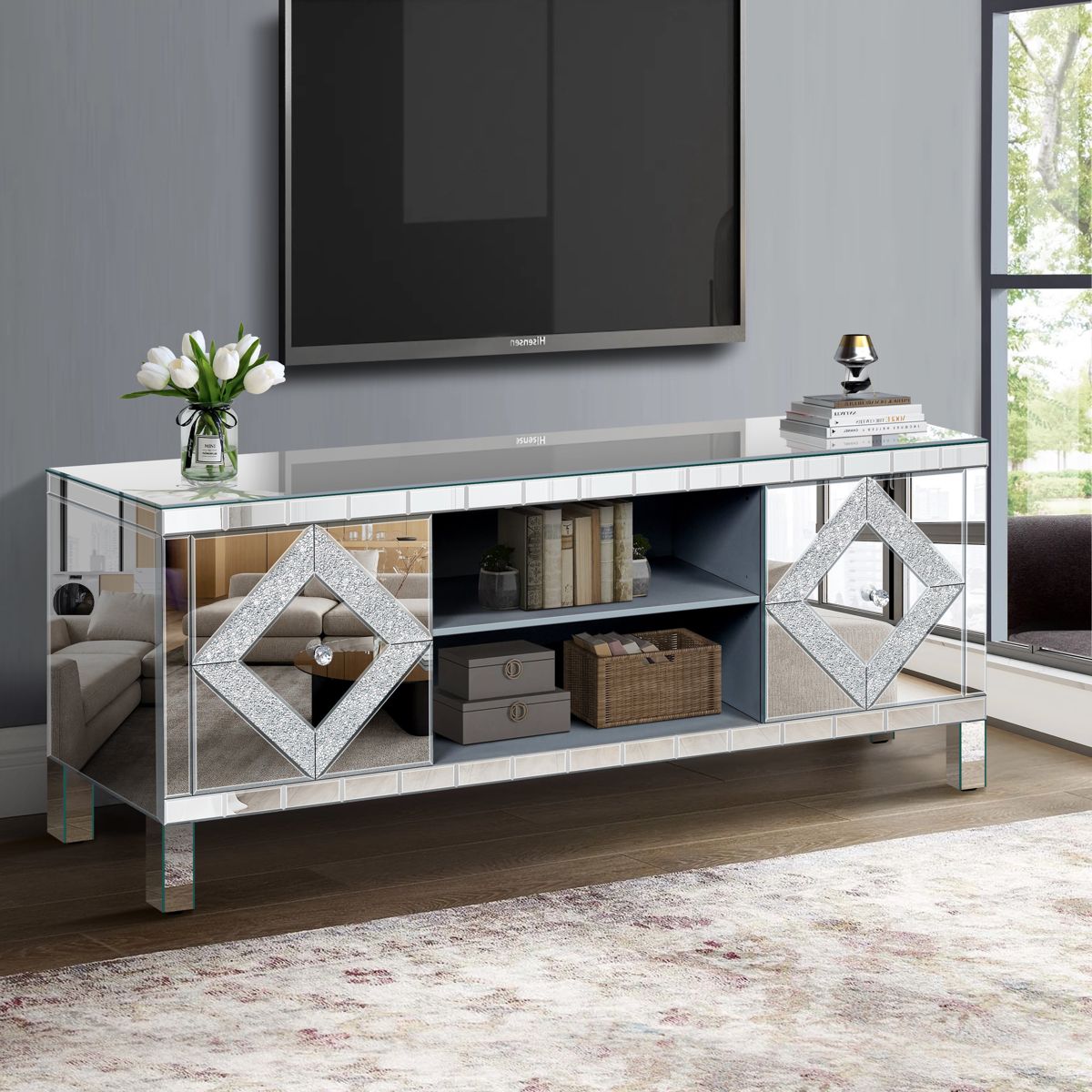 Mirrored TV Stand with Open Shelves and Cabinets — view 2