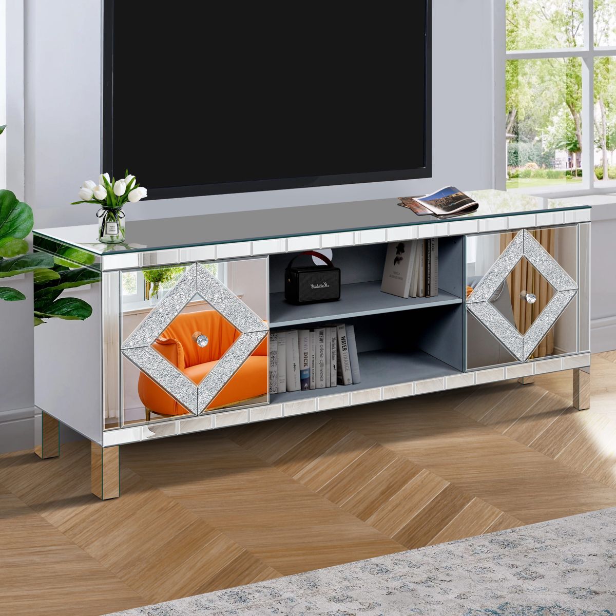 Mirrored TV Stand with Open Shelves and Cabinets — view 3