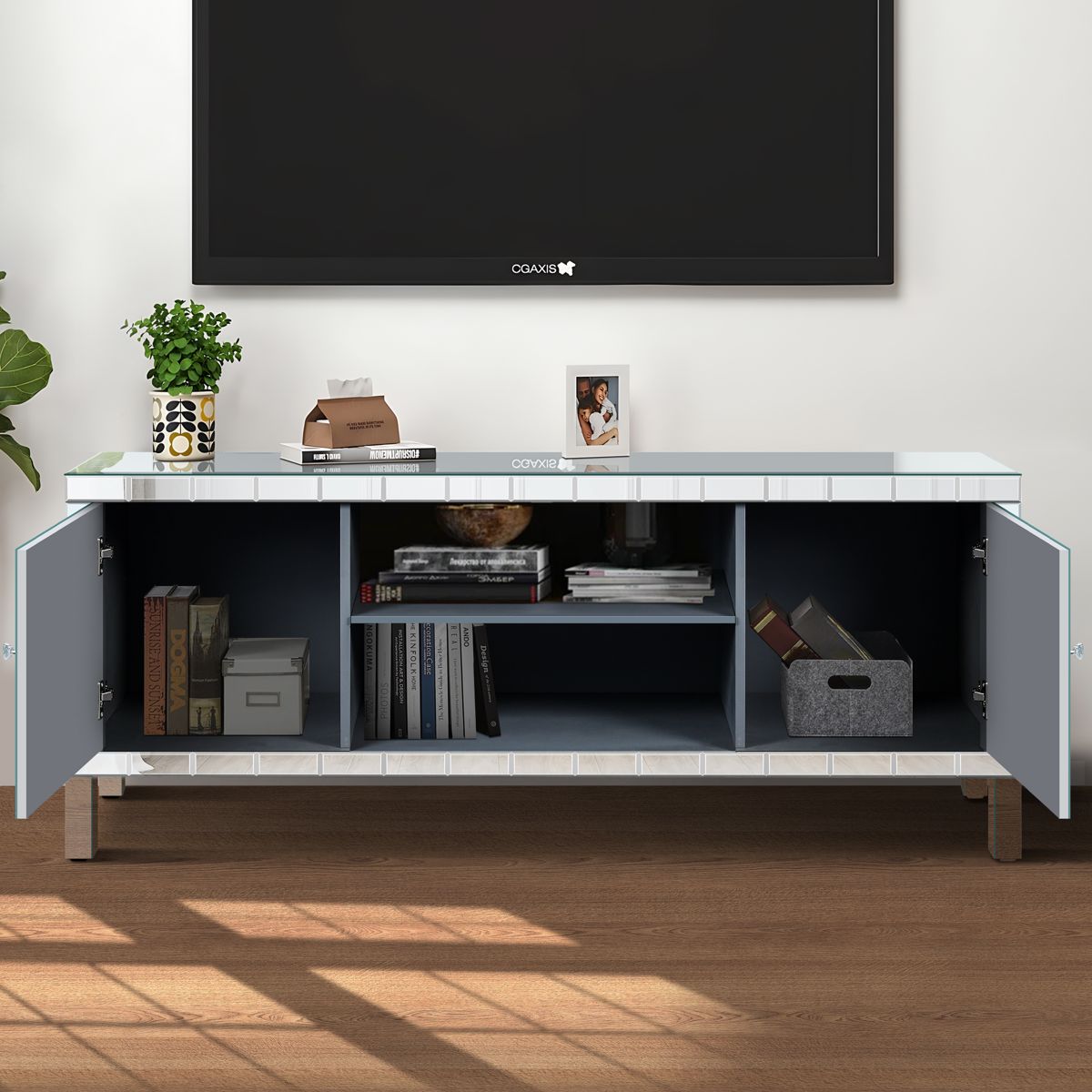 Mirrored TV Stand with Open Shelves and Cabinets — view 4