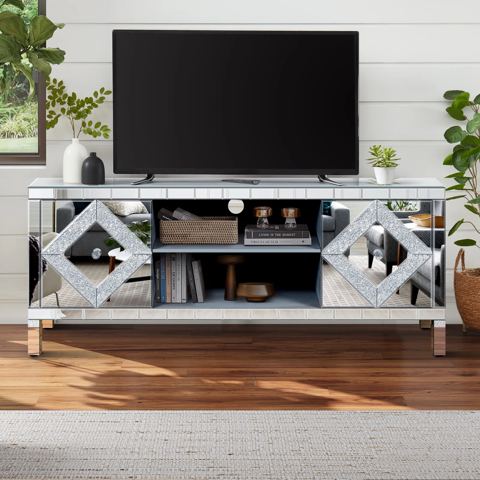 Mirrored TV Stand with Open Shelves and Cabinets