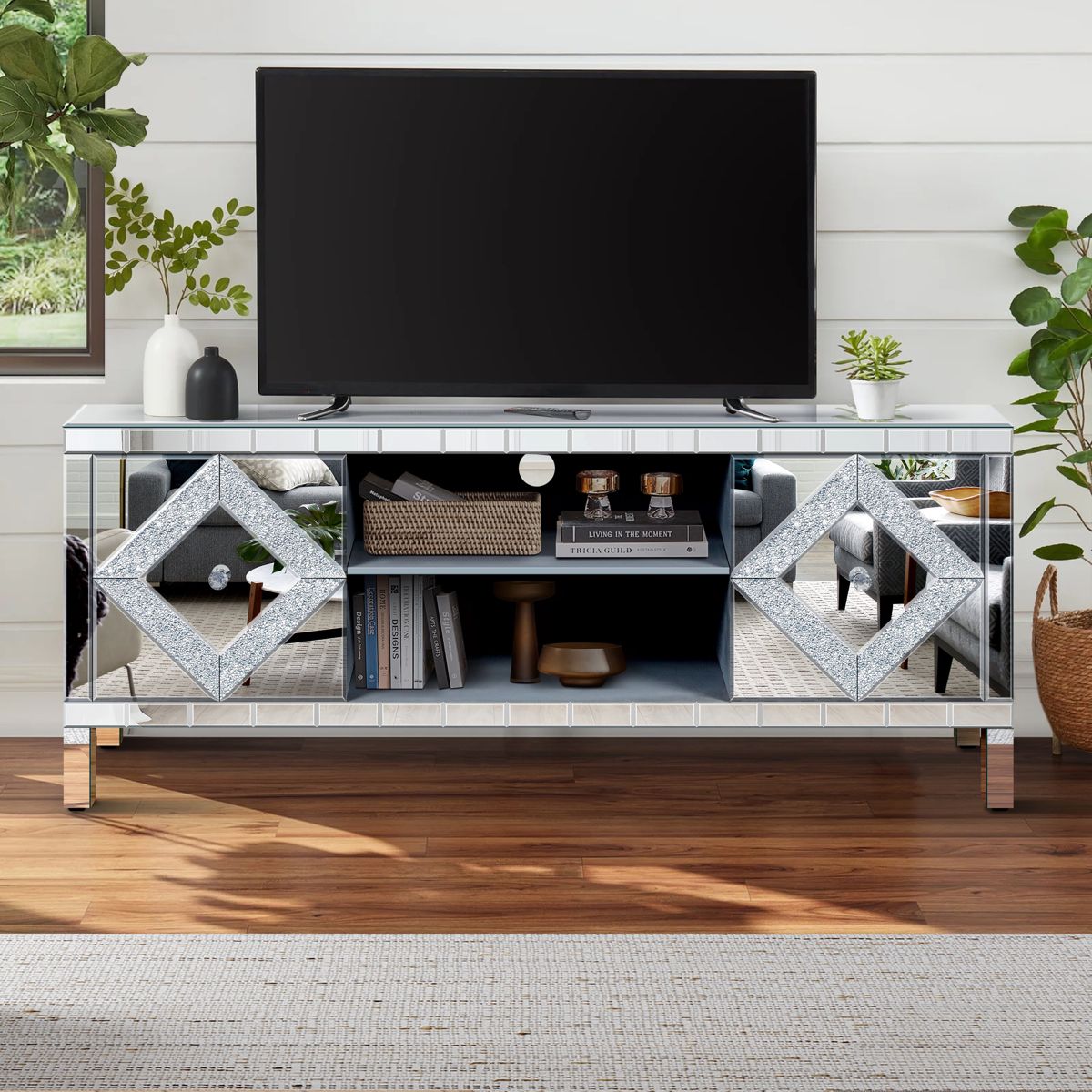 Mirrored TV Stand with Open Shelves and Cabinets