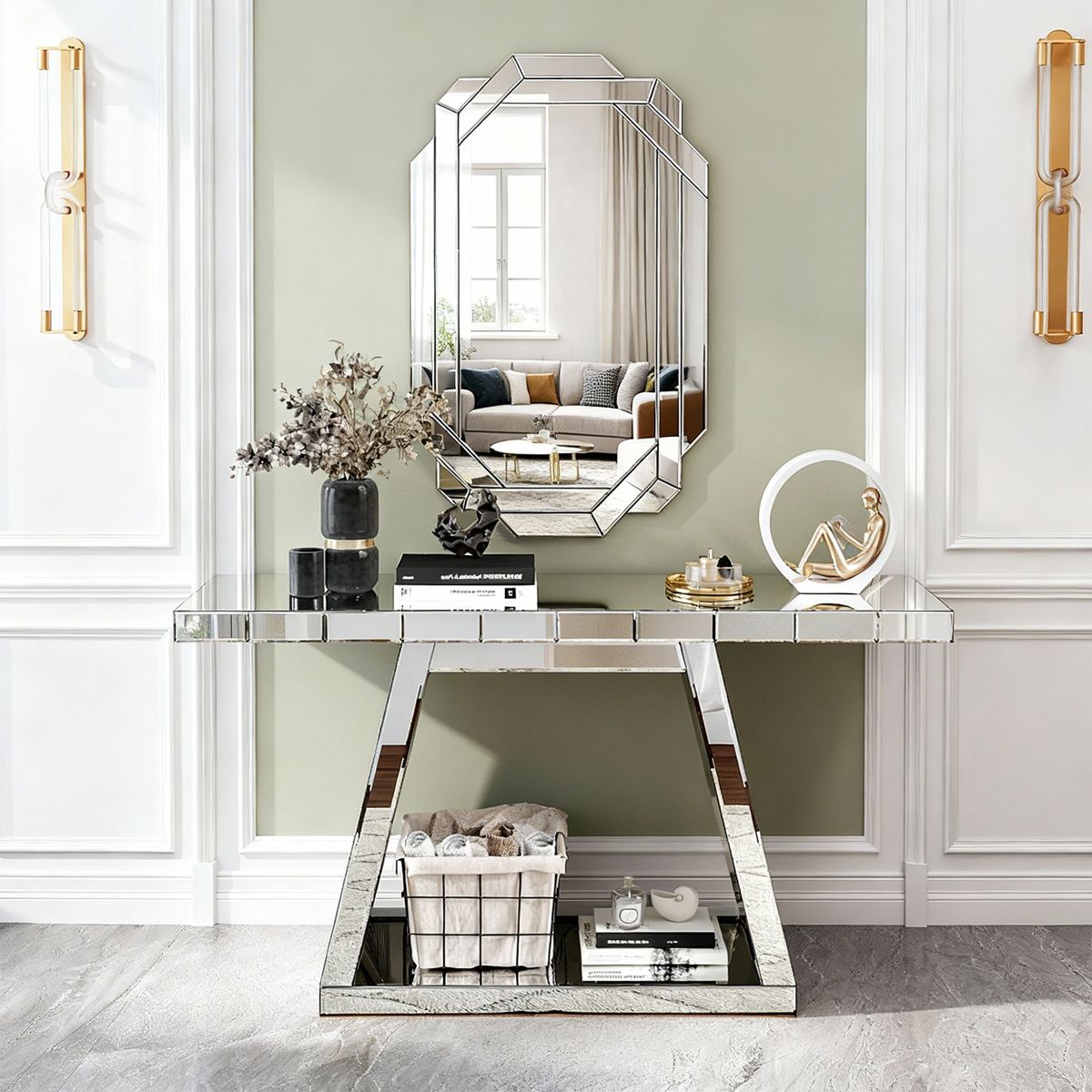 Mirrored Console Table with Trapezoid Base — view 3