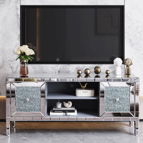 Mirrored TV Console with Crushed Diamond Doors