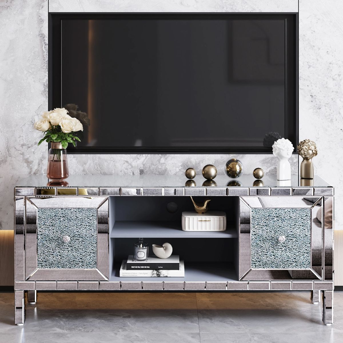 Mirrored TV Console with Crushed Diamond Doors