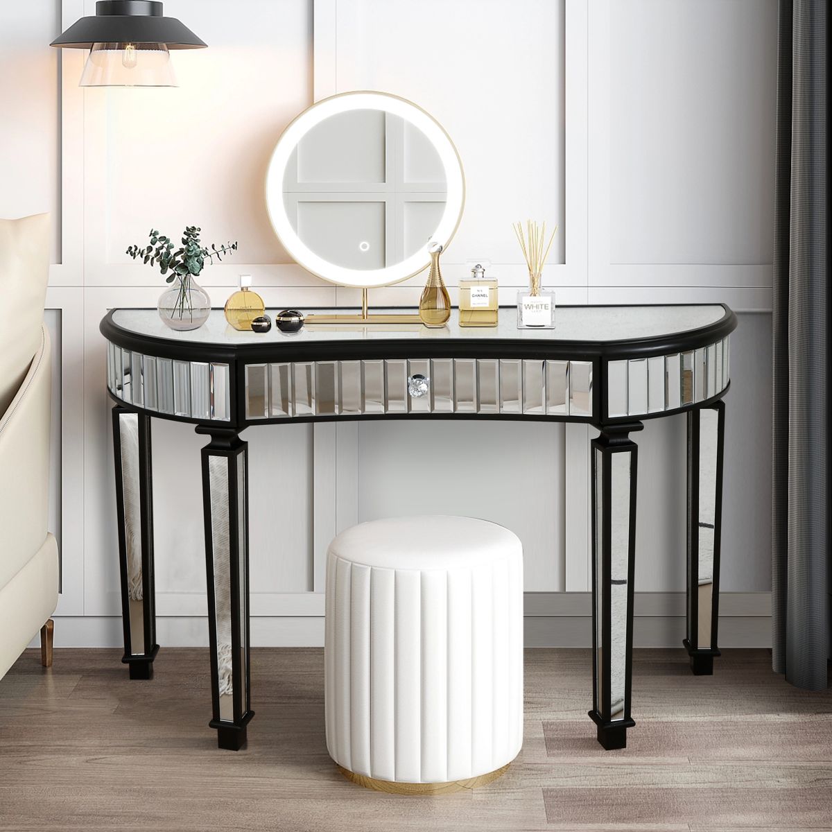 Half-Moon Fluted Mirror Console with Drawer — view 2