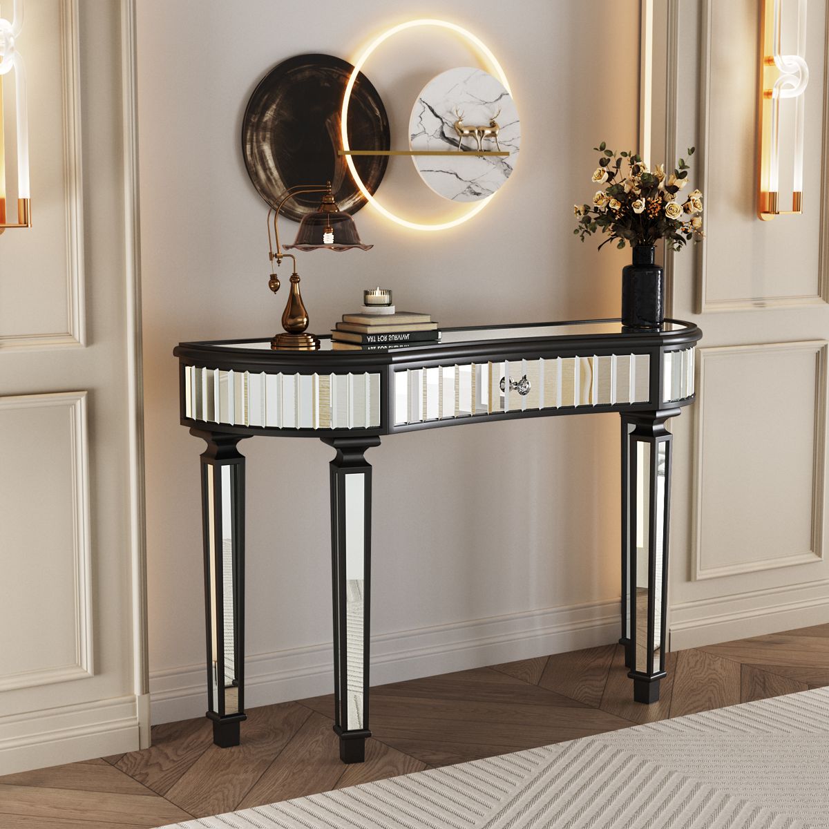 Half-Moon Fluted Mirror Console with Drawer — view 3