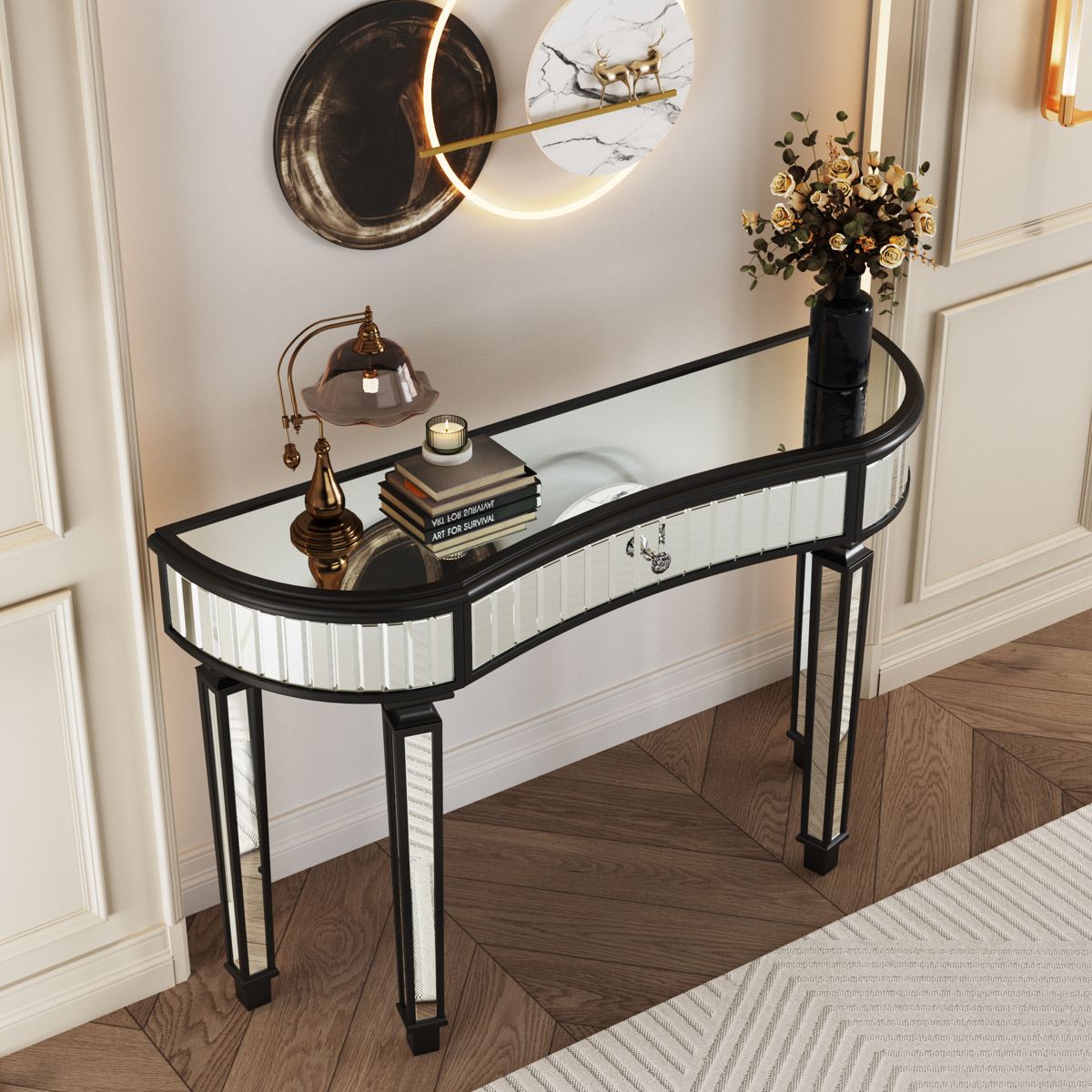 Half-Moon Fluted Mirror Console with Drawer — view 4