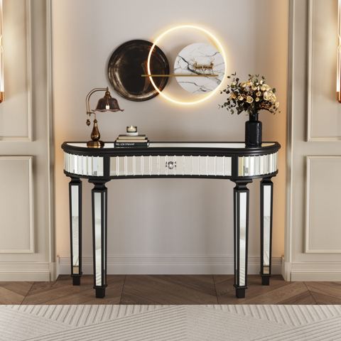 Half-Moon Fluted Mirror Console with Drawer