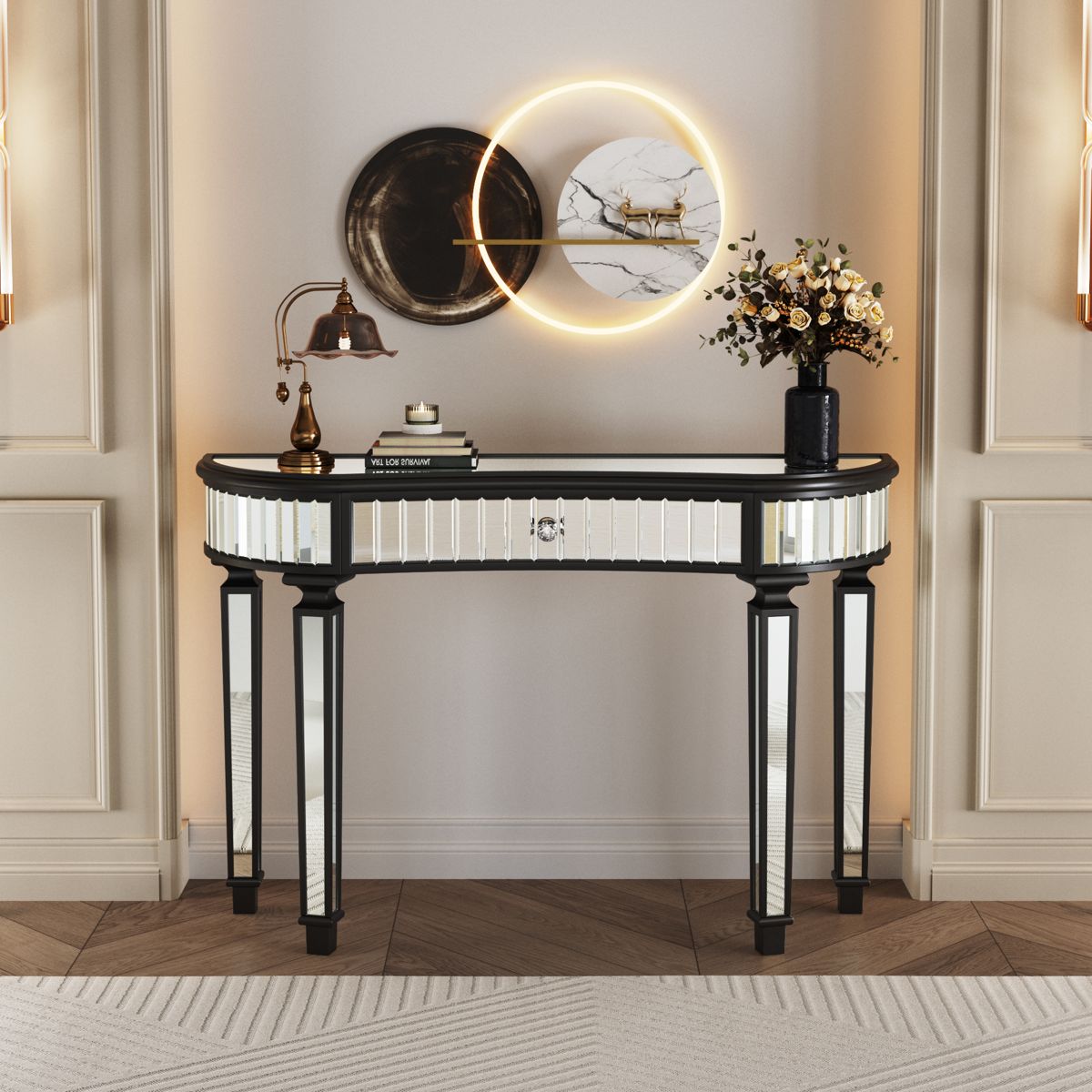 Half-Moon Fluted Mirror Console with Drawer