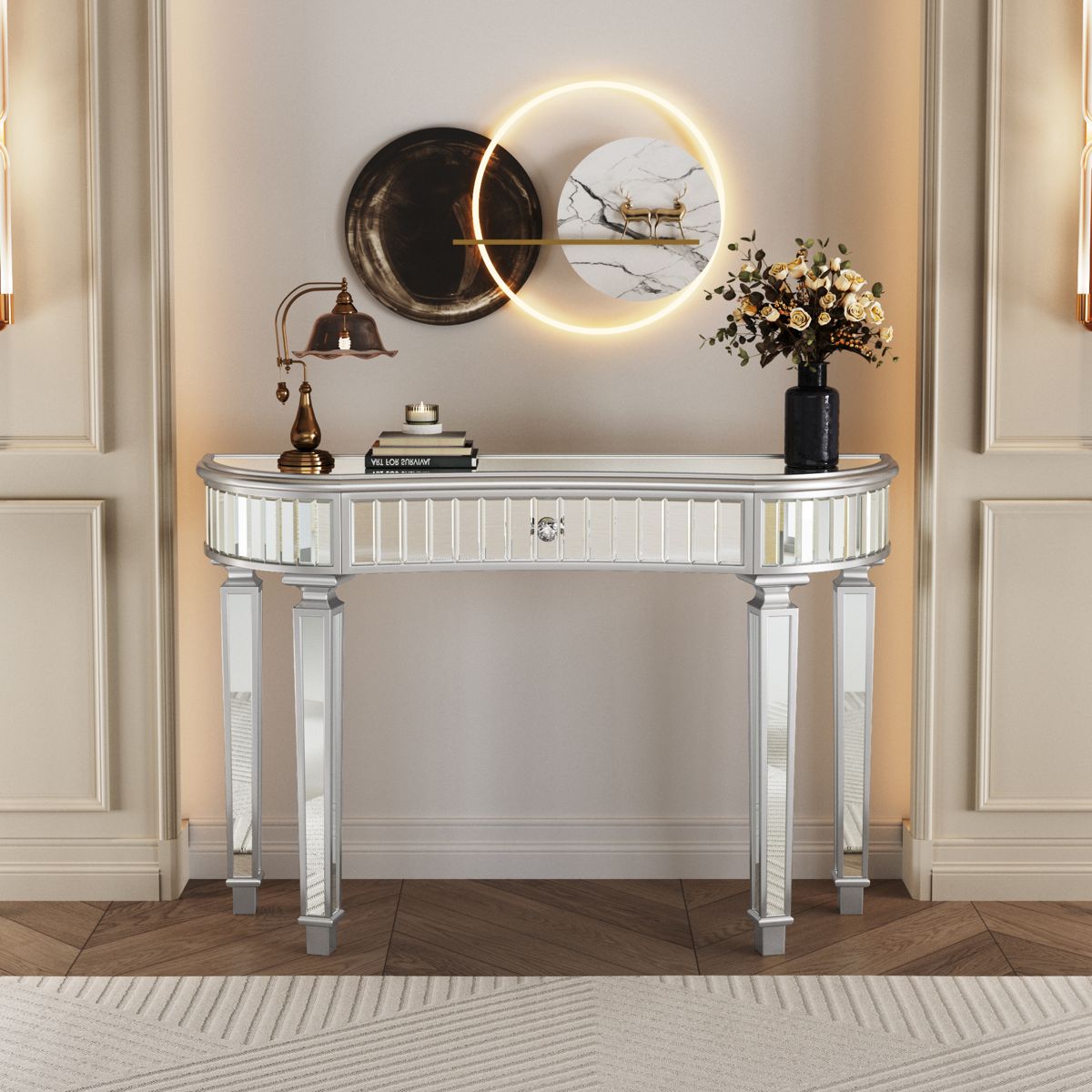 47-Inch Half-Moon Fluted Mirror Console