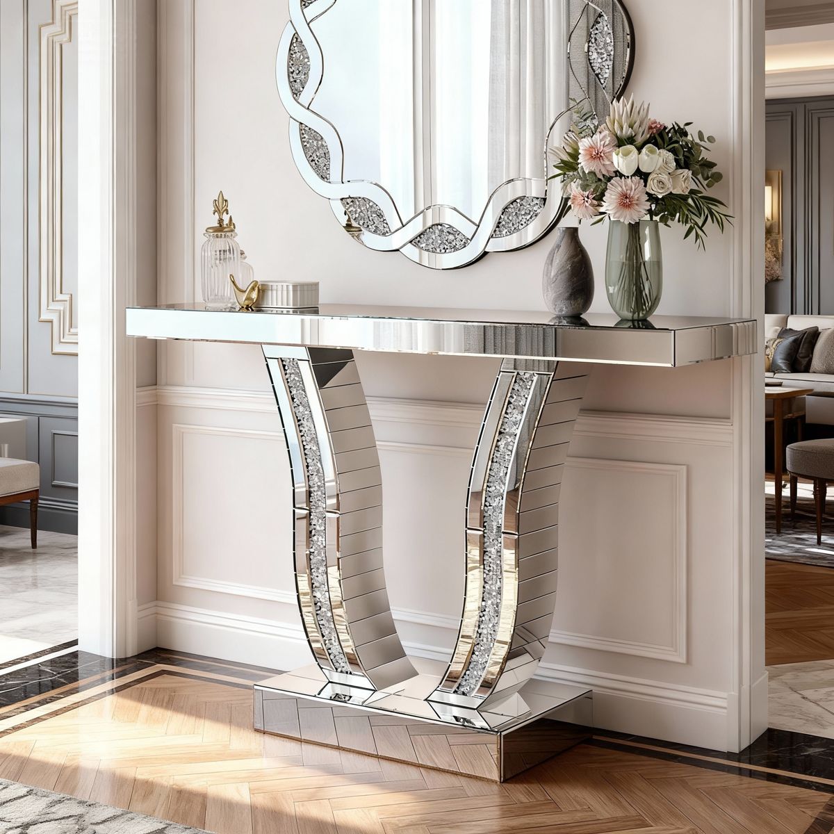 43-Inch Mirrored Console with Stone-Inlaid Legs — view 2