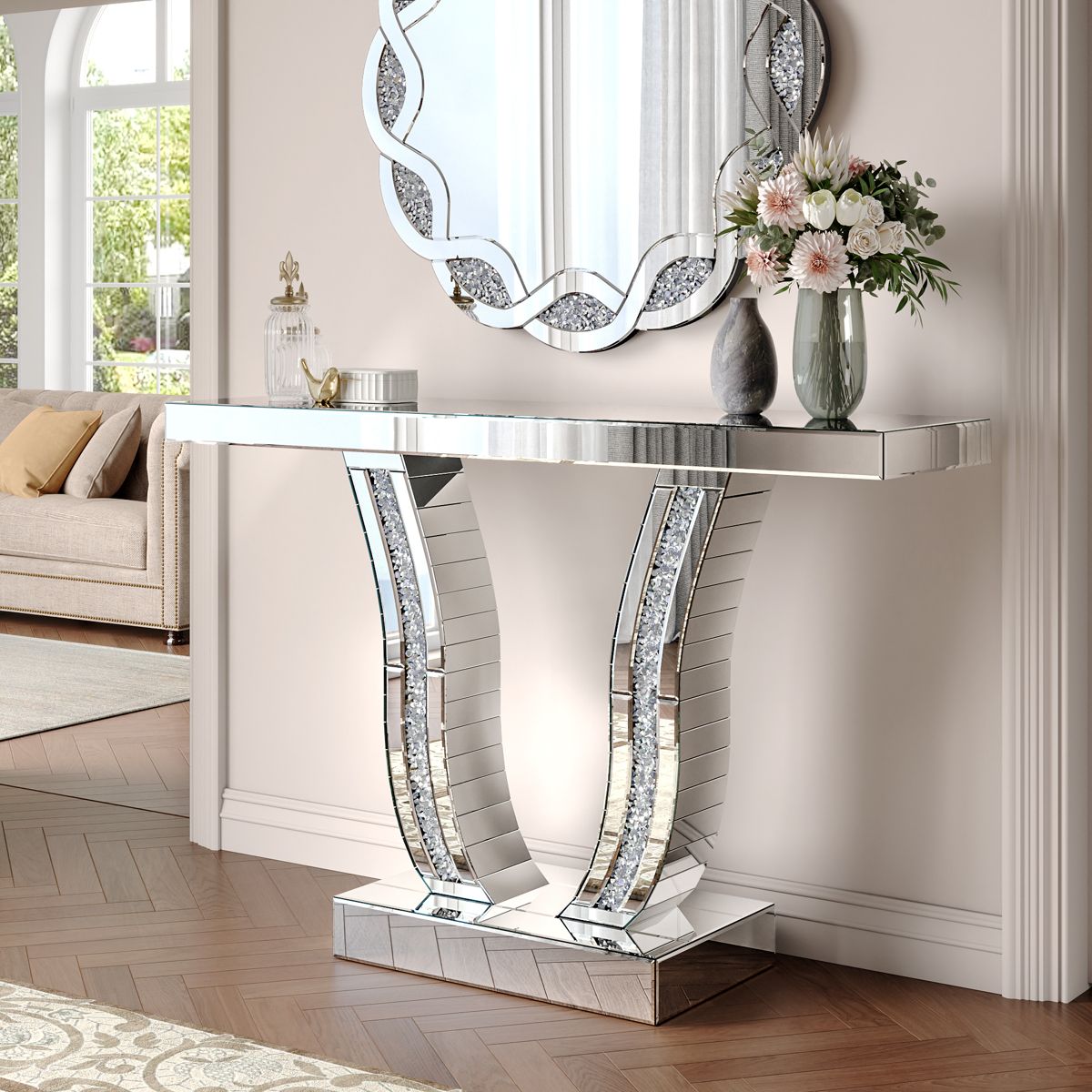 43-Inch Mirrored Console with Stone-Inlaid Legs — view 3