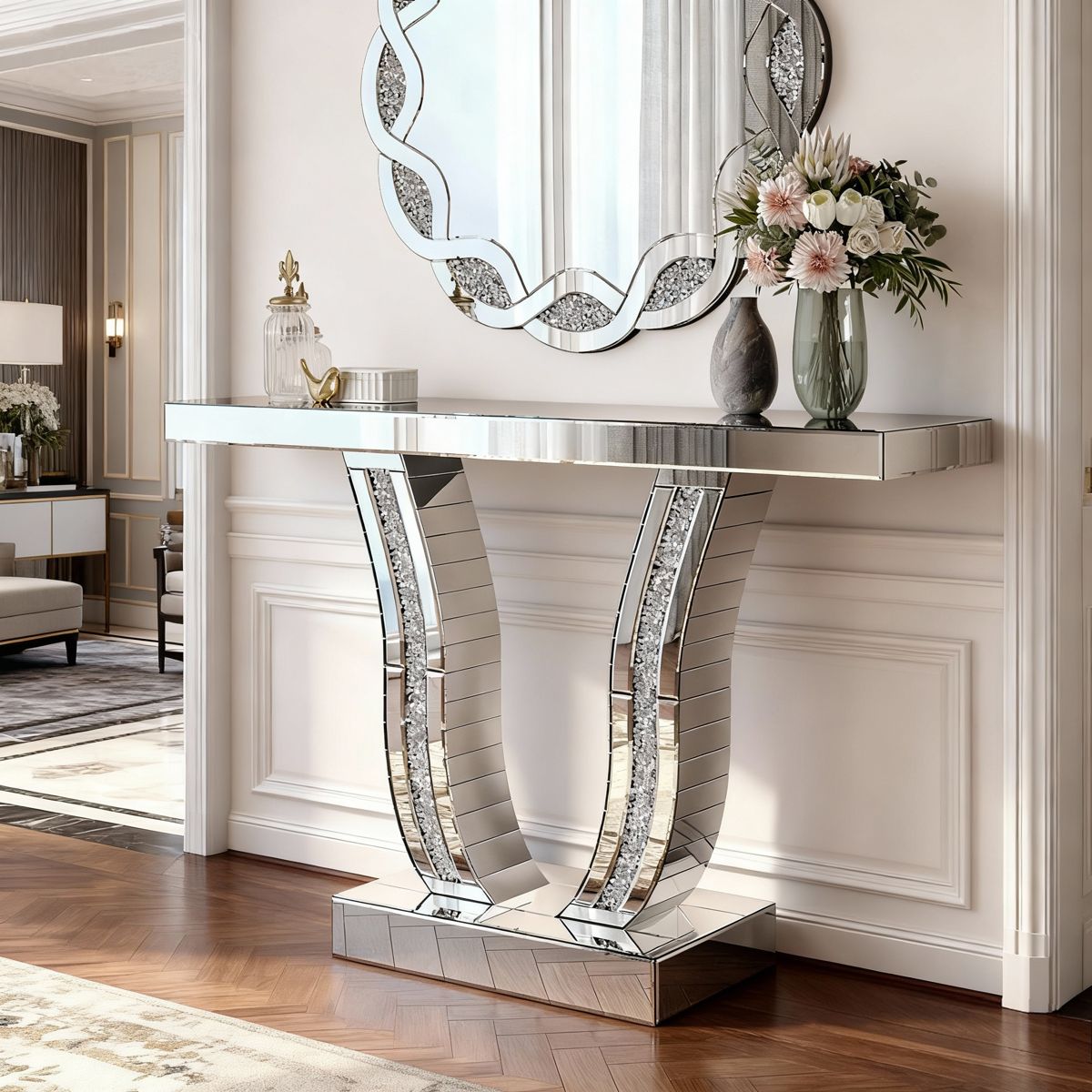 43-Inch Mirrored Console with Stone-Inlaid Legs — view 4
