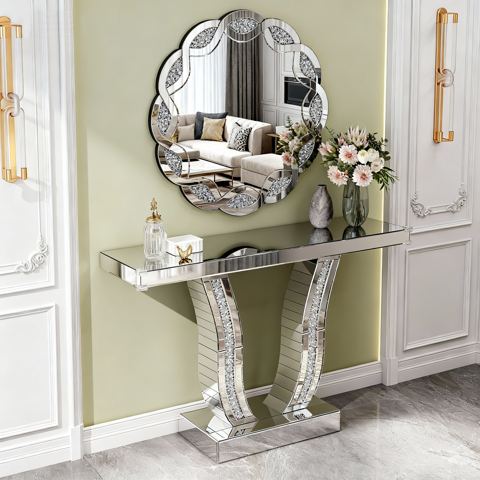43-Inch Mirrored Console with Stone-Inlaid Legs