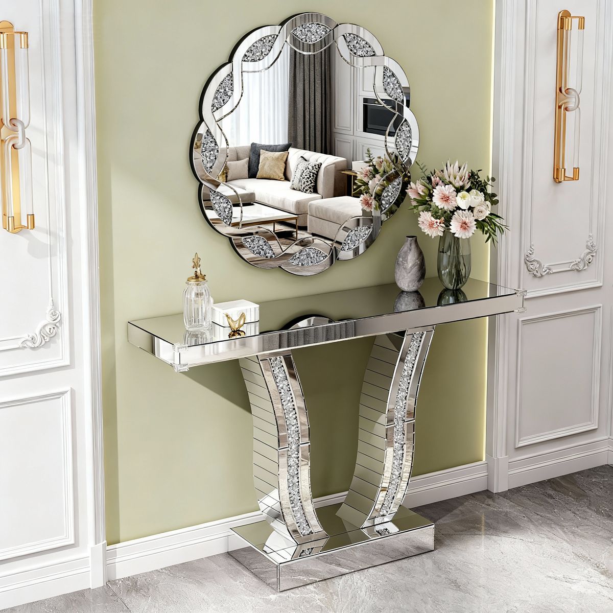 43-Inch Mirrored Console with Stone-Inlaid Legs