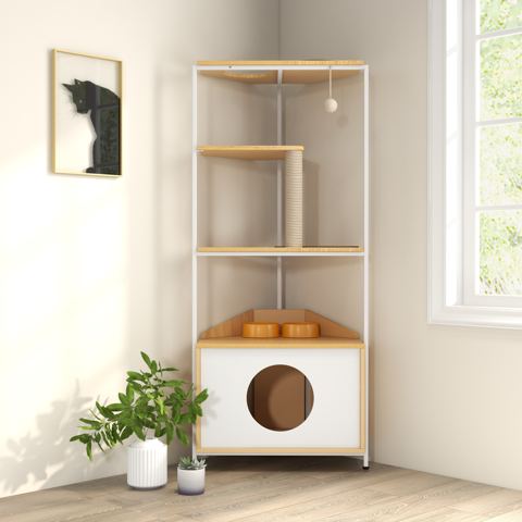 Corner Cat Tower with Feeding Station