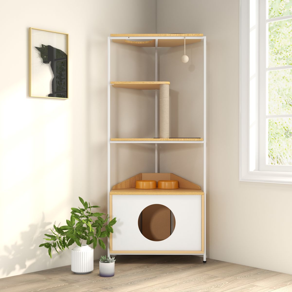Corner Cat Tower with Feeding Station