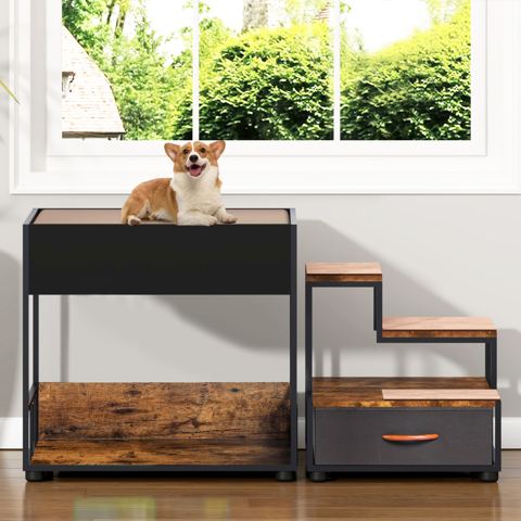 Two-Tier Dog Bunk Bed with Steps and Storage