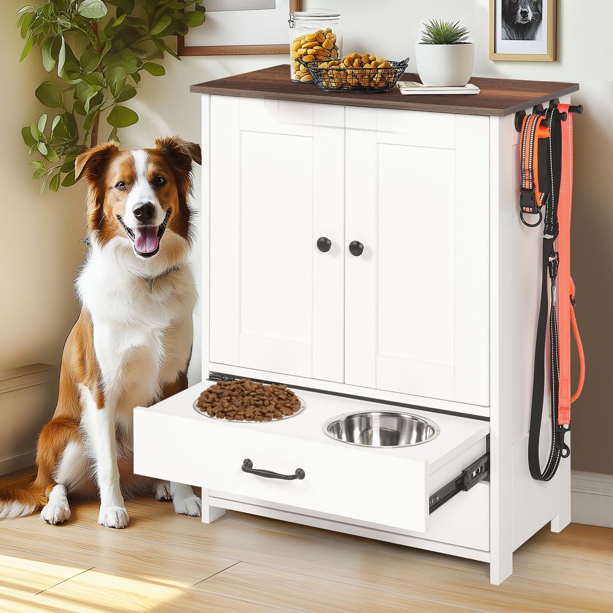 Double-Door Dog Feeding Station with Side Hooks — view 2