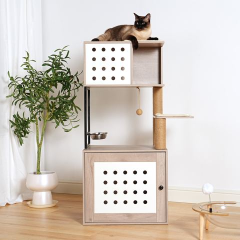 Litter Box Cat Tree with Hammock and Bed