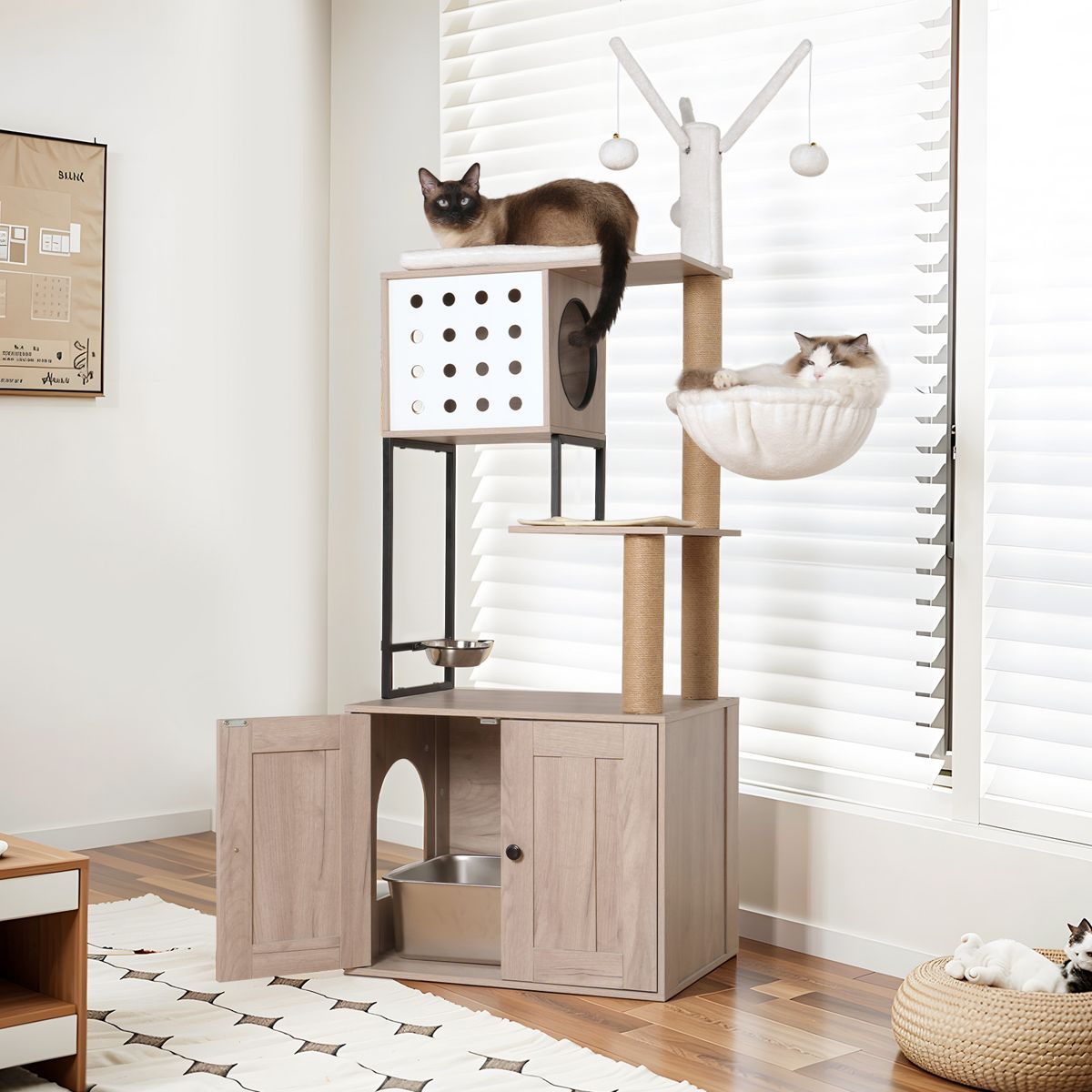 Litter Box Cat Condo with Pompom Sticks